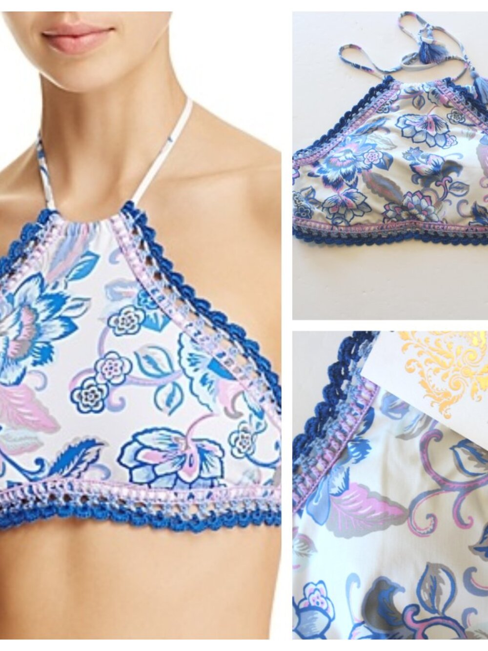 BECCA High Neck Halter Swim Top Crochet Tab Bikini Bottom Floral Blue Large NWT